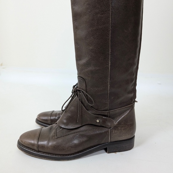 Massimo Dutti Brown Leather Riding Boots Lace Up Knee High Round Toe - Picture 15 of 16